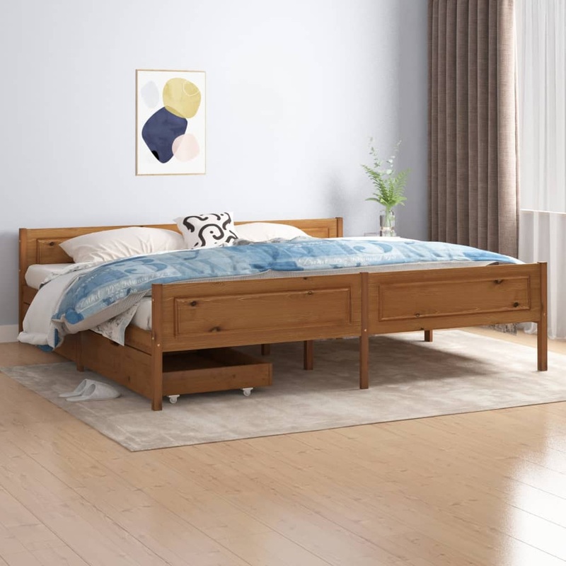 Berkfield Bed Frame with 2 Drawers Honey Brown Solid Wood Pine 200×200 cm