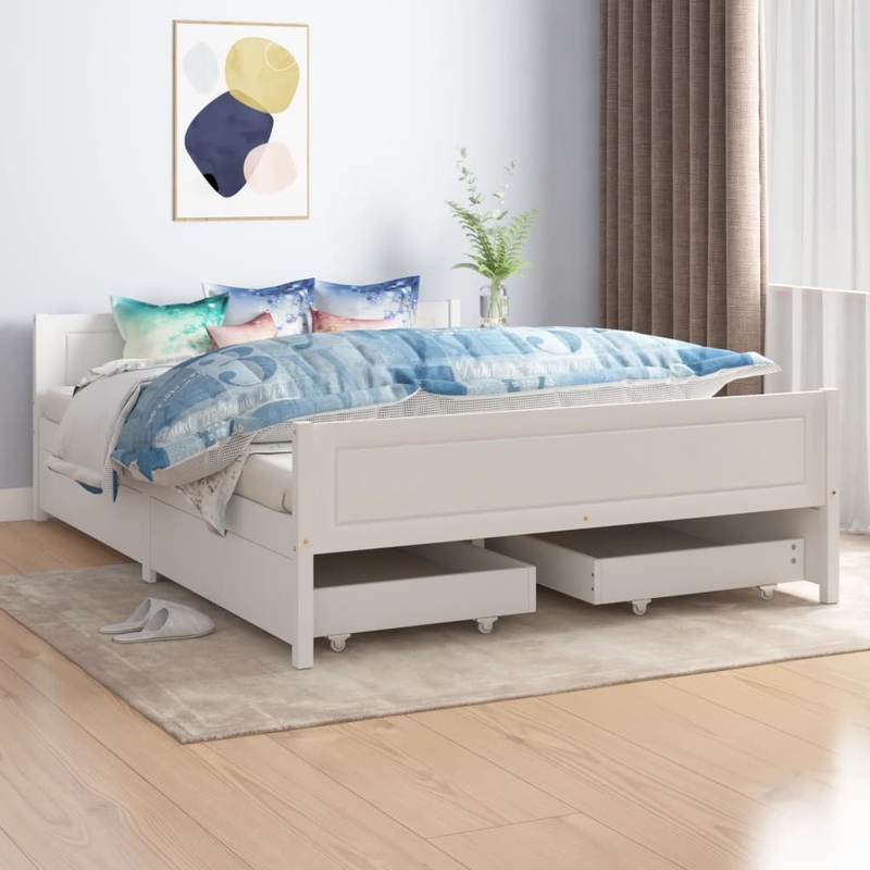 Berkfield Bed Frame with 4 Drawers White Solid Wood Pine 140×200 cm
