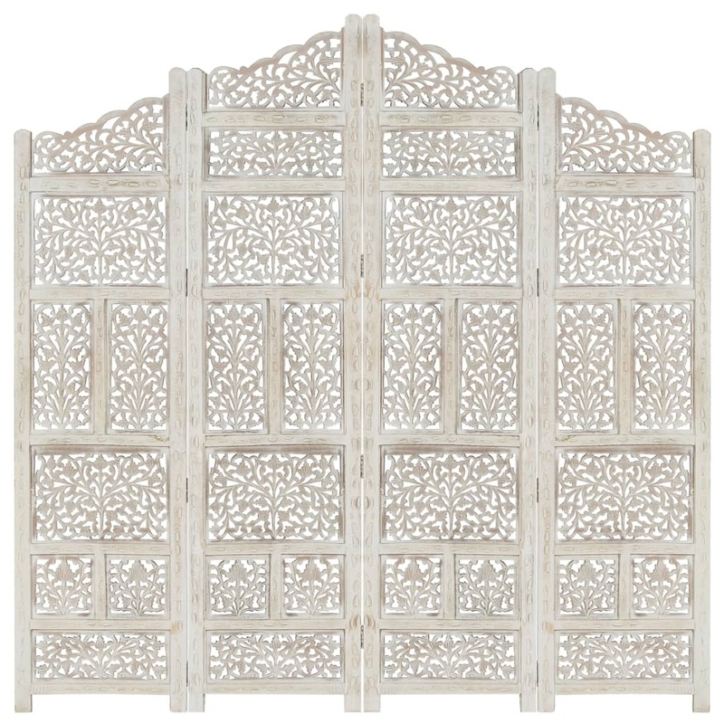 Berkfield Hand carved 4-Panel Room Divider White 160×165 cm Solid Mango Wood