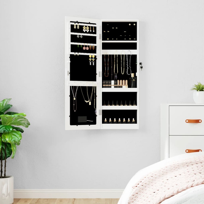 Berkfield Mirror Jewellery Cabinet with LED Lights Wall Mounted White