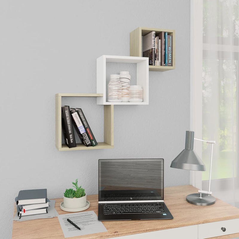 Berkfield Cube Wall Shelf White and Sonoma Oak 68x15x68 cm Engineered Wood