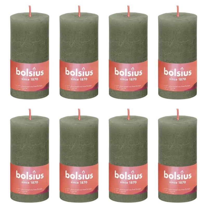Bolsius Rustic Pillar Candles Shine 8 pcs 100×50 mm Fresh Olive