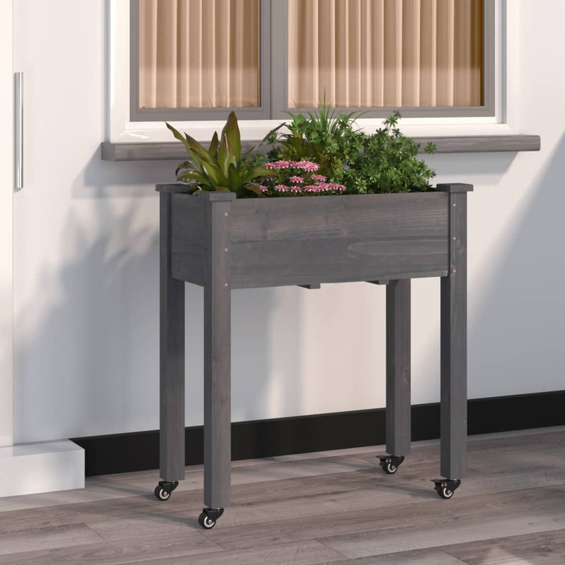 Berkfield Wheeled Planter with Liner Grey 71x37x80 cm Solid Wood Fir