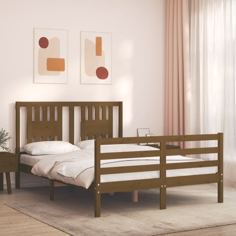 Berkfield Bed Frame with Headboard Honey Brown Small Double Solid Wood