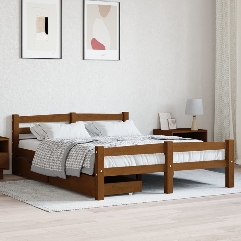 Berkfield Bed Frame with 2 Drawers Honey Brown Solid Pinewood 140×200 cm