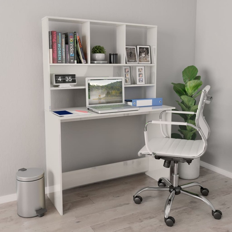 Berkfield Desk with Shelf High Gloss White 110x45x157 cm Engineered Wood