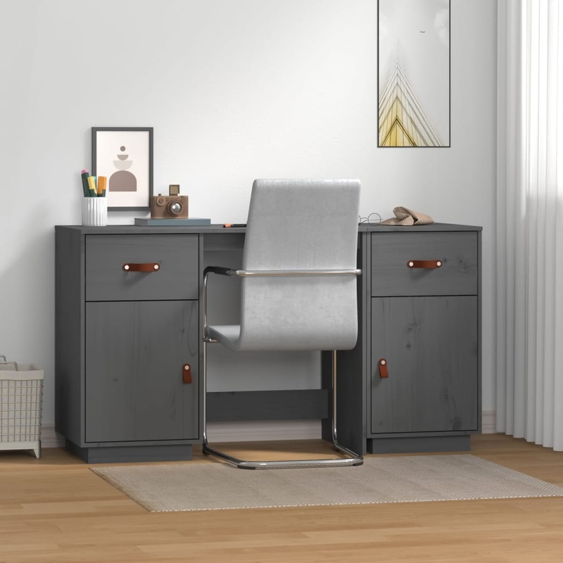 Berkfield Desk with Cabinets Grey 135x50x75 cm Solid Wood Pine