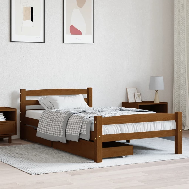 Berkfield Bed Frame with 2 Drawers Honey Brown Solid Pinewood 100×200 cm