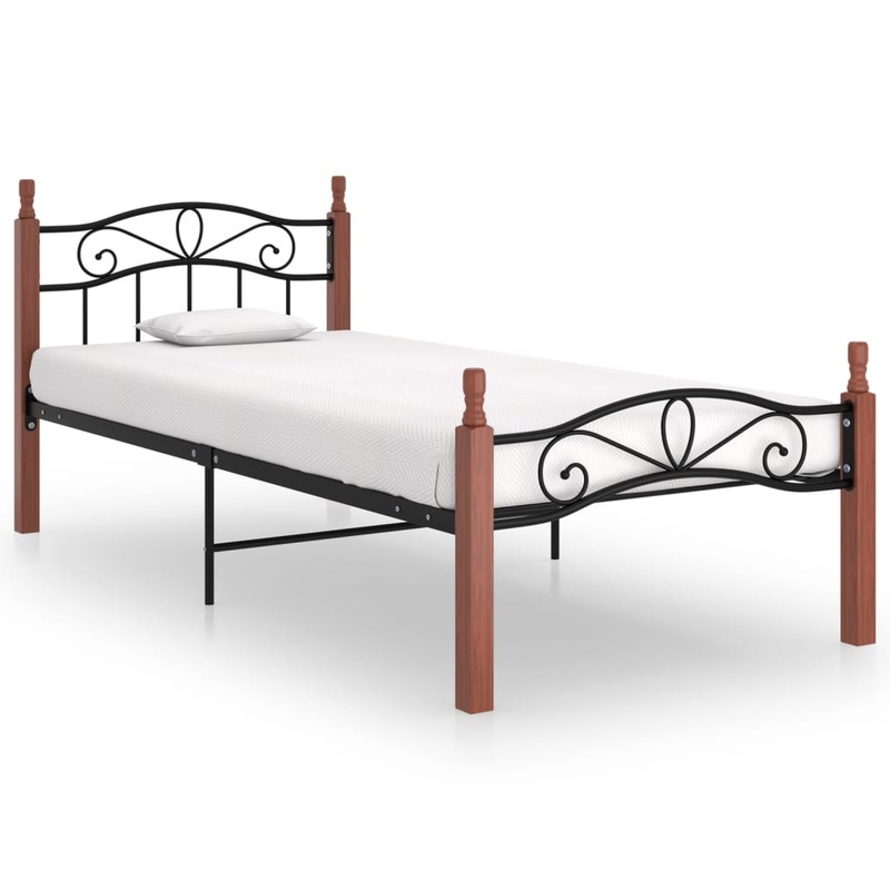 Berkfield Bed Frame Black Metal and Solid Oak Wood 90×200 cm