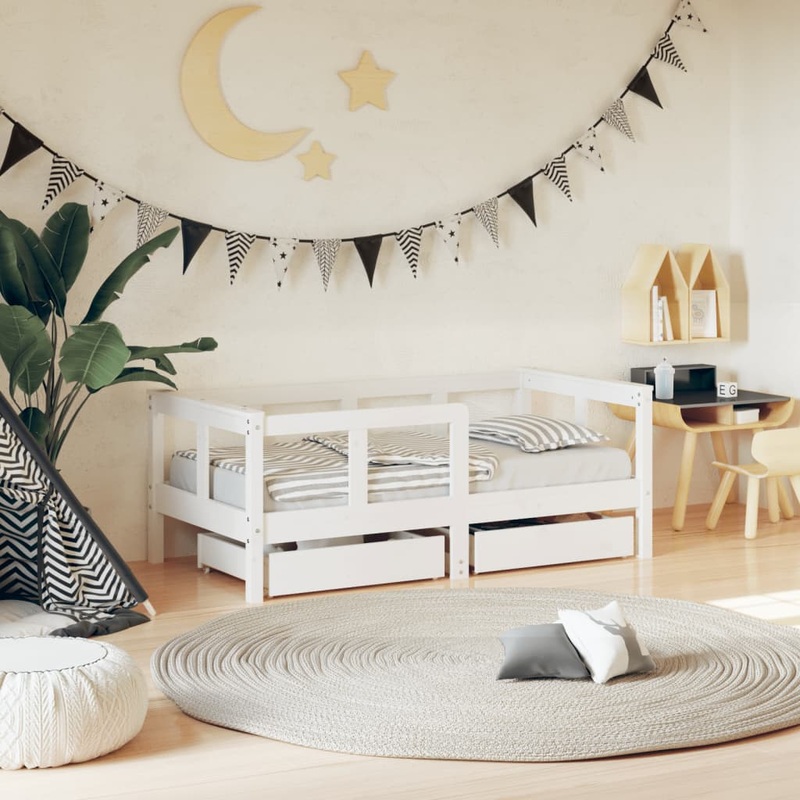 Berkfield Kids Bed Frame with Drawers White 70×140 cm Solid Wood Pine