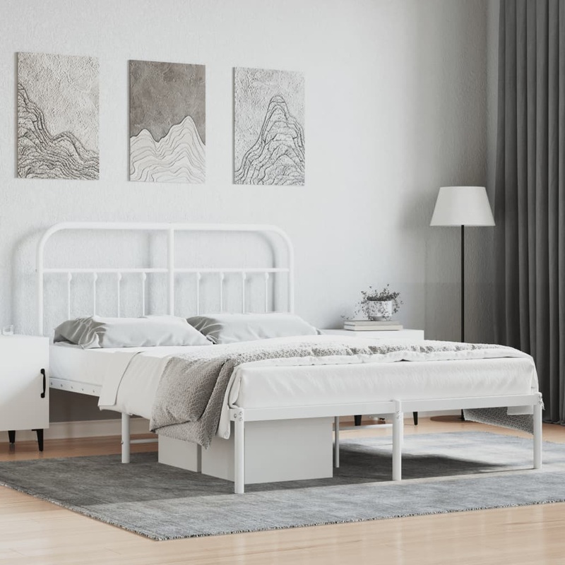 Berkfield Metal Bed Frame with Headboard White 140×200 cm