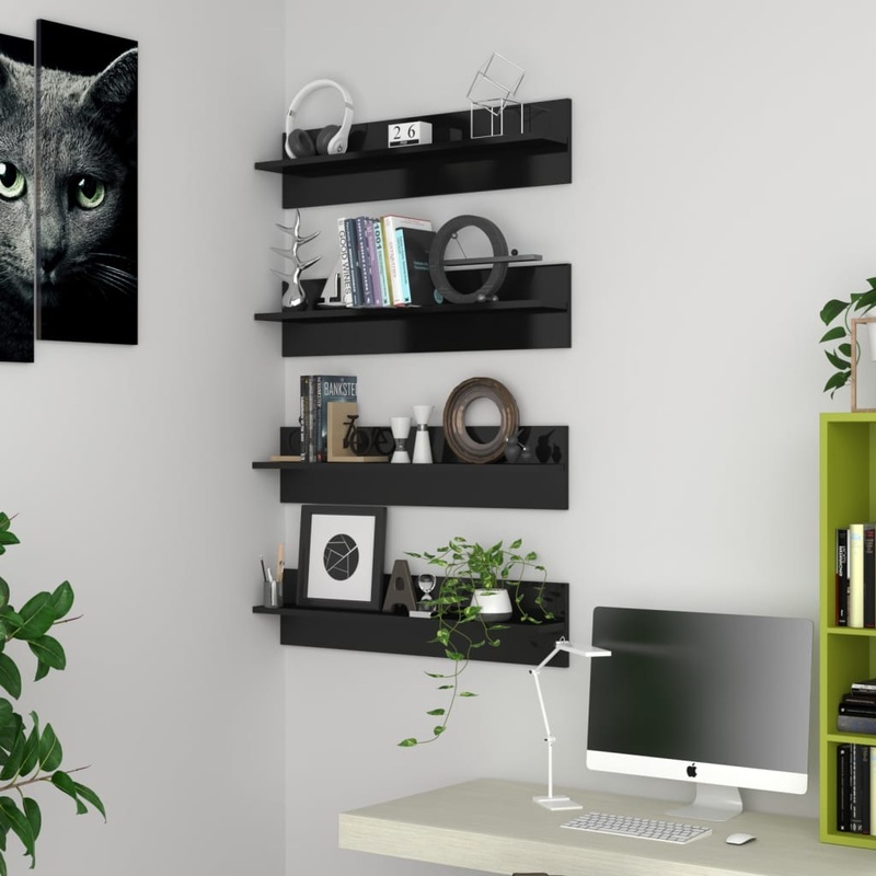 Berkfield Wall Shelf 4 pcs High Gloss Black 80×11.5×18 cm Engineered Wood