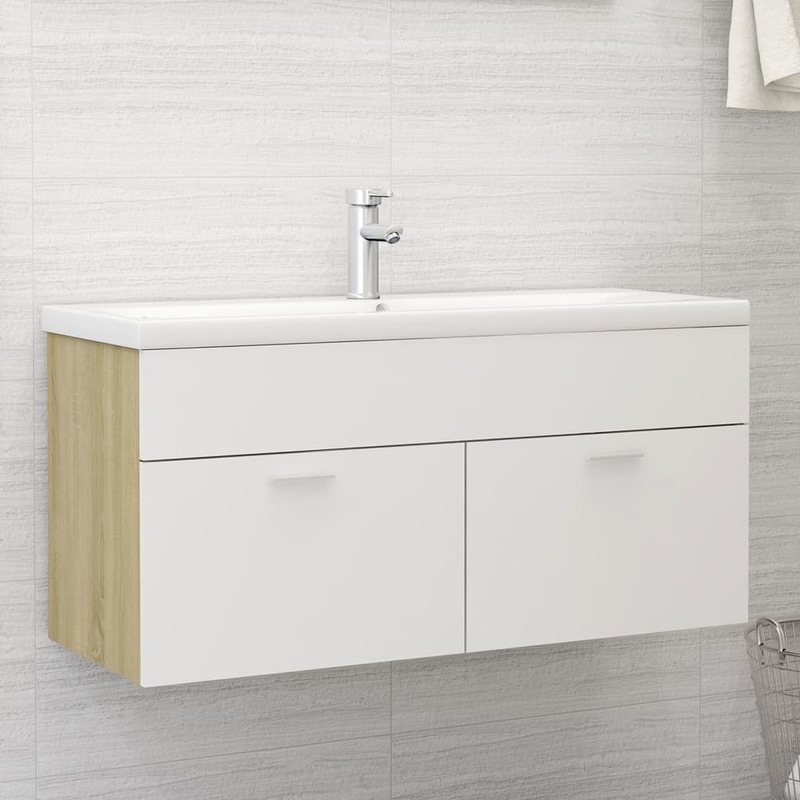 Berkfield Sink Cabinet White and Sonoma Oak 100×38.5×46 cm Engineered Wood