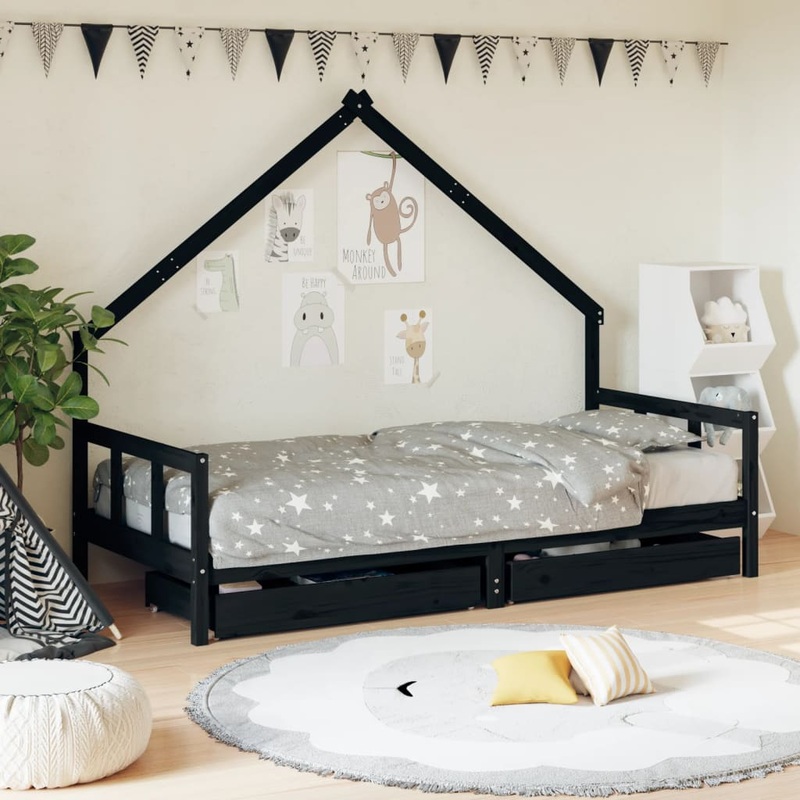 Berkfield Kids Bed Frame with Drawers Black 90×190 cm Solid Wood Pine