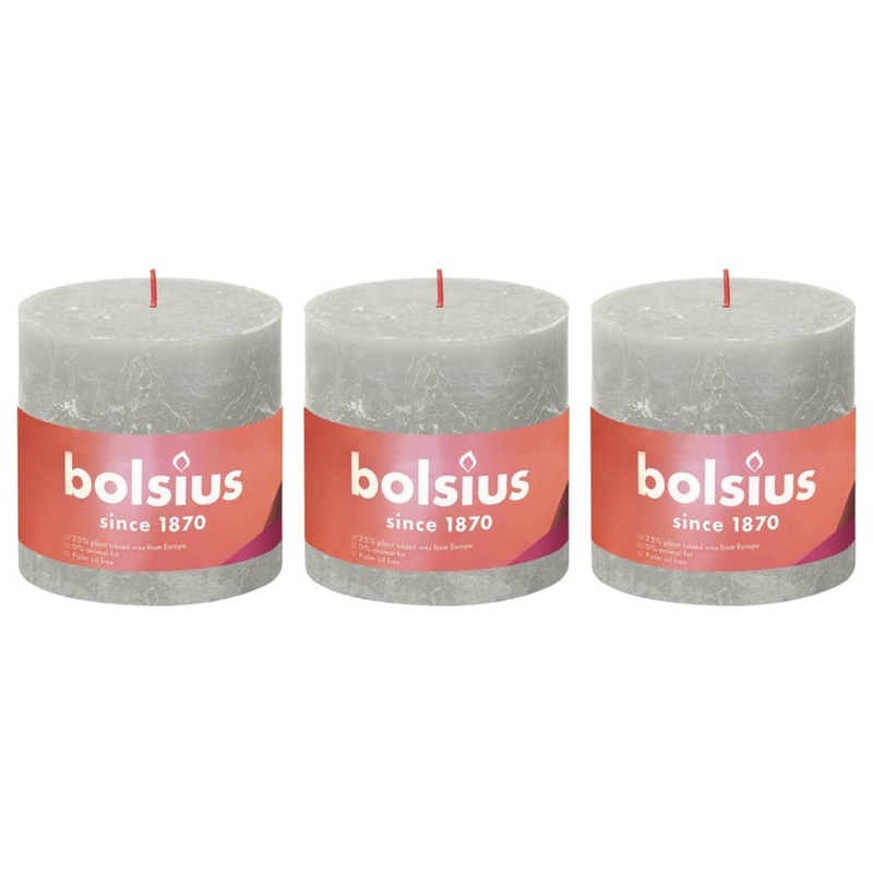 Bolsius Rustic Pillar Candles Shine 3 pcs 100×100 mm Sandy Grey