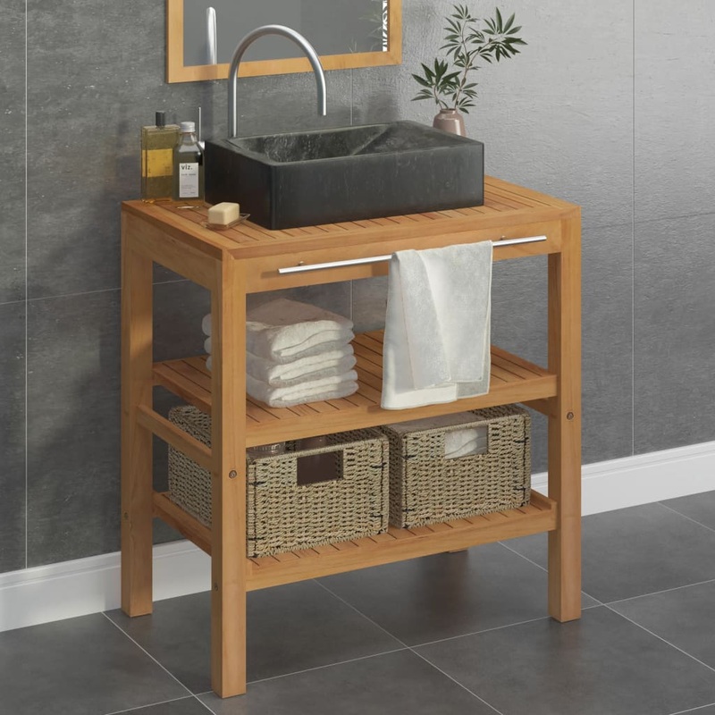 Berkfield Bathroom Vanity Cabinet Solid Teak with Sink Marble Black