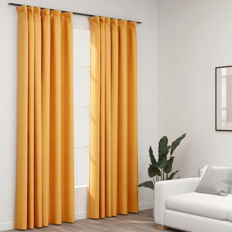 Berkfield Linen-Look Blackout Curtains with Hooks 2 pcs Yellow 140×245 cm