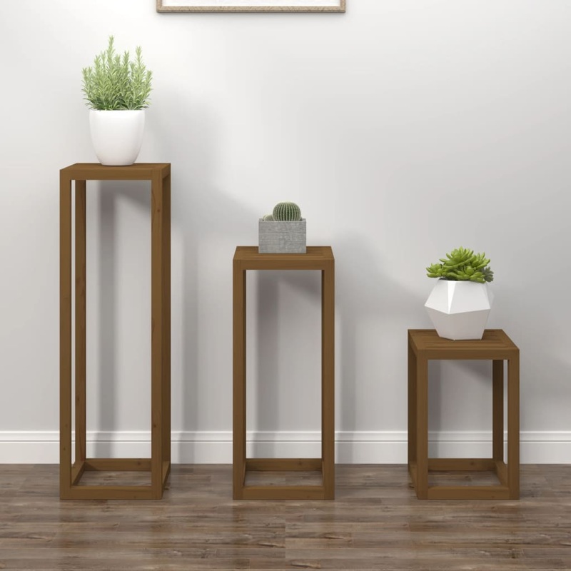 Berkfield 3 Piece Plant Stand Set Honey Brown Solid Wood Pine