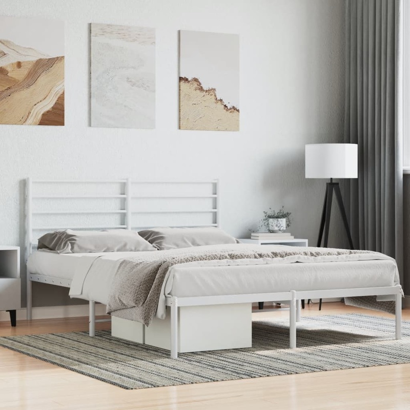 Berkfield Metal Bed Frame with Headboard White 150×200 cm 5FT King Size