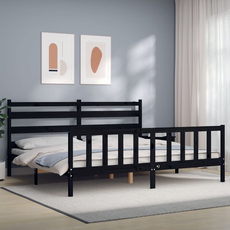 Berkfield Bed Frame with Headboard Black 180×200 cm 6FT Super King Solid Wood