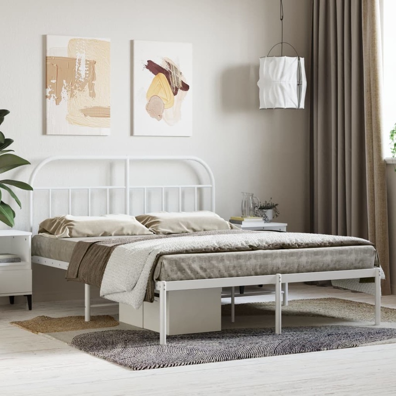 Berkfield Metal Bed Frame with Headboard White 150×200 cm