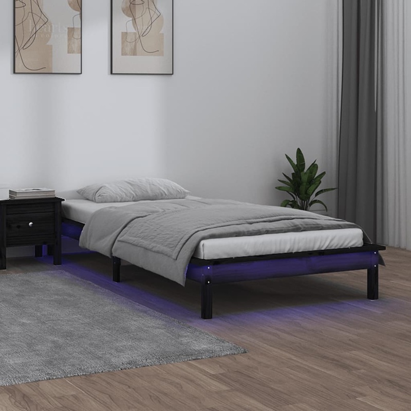 Berkfield LED Bed Frame Black 75×190 cm Small Single Solid Wood