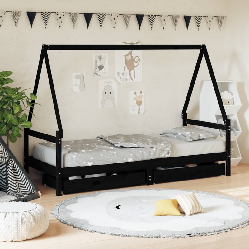 Berkfield Kids Bed Frame with Drawers Black 80×200 cm Solid Wood Pine