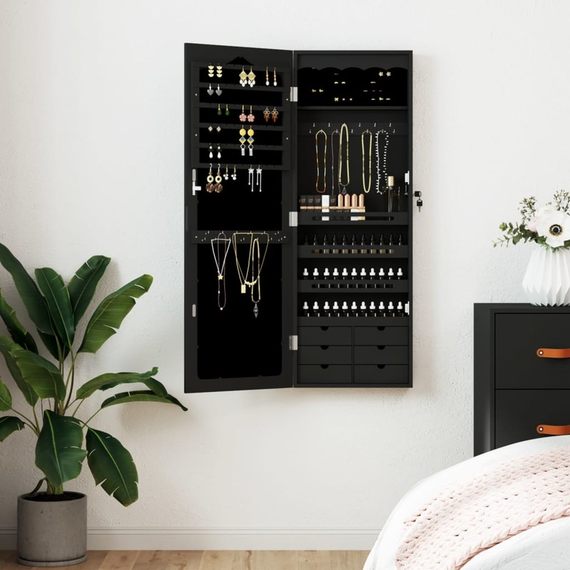 Berkfield Mirror Jewellery Cabinet Wall Mounted Black 37.5x10x106 cm