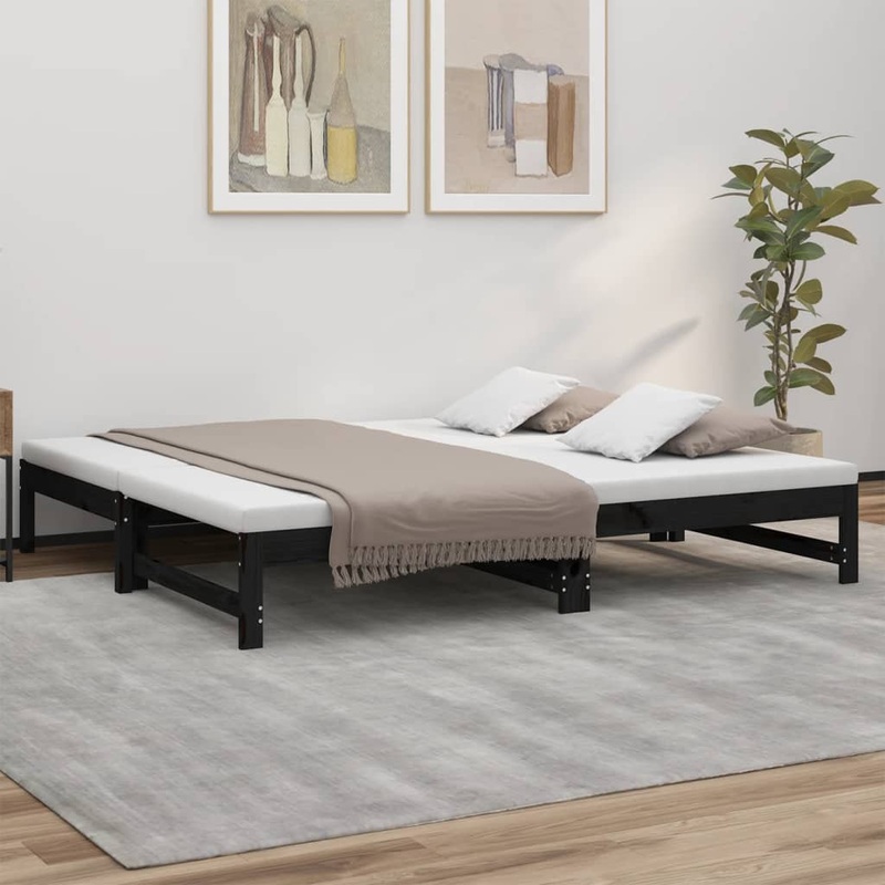 Berkfield Pull-out Day Bed Black 2x(75×190) cm Solid Wood Pine
