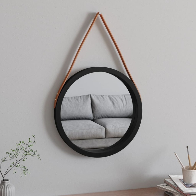 Berkfield Wall Mirror with Strap Black  45 cm