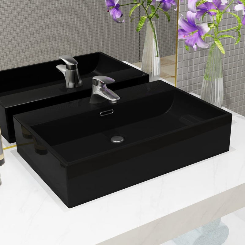 Berkfield Basin with Faucet Hole Ceramic Black 60.5×42.5×14.5 cm