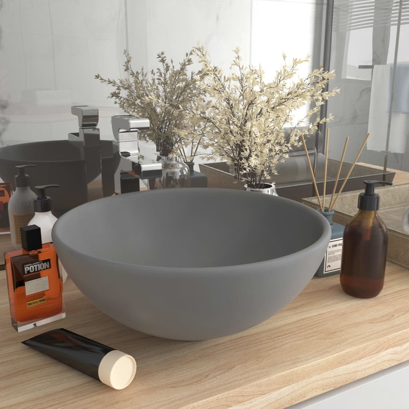 Berkfield Luxury Bathroom Basin Round Matt Light Grey 32.5×14 cm Ceramic