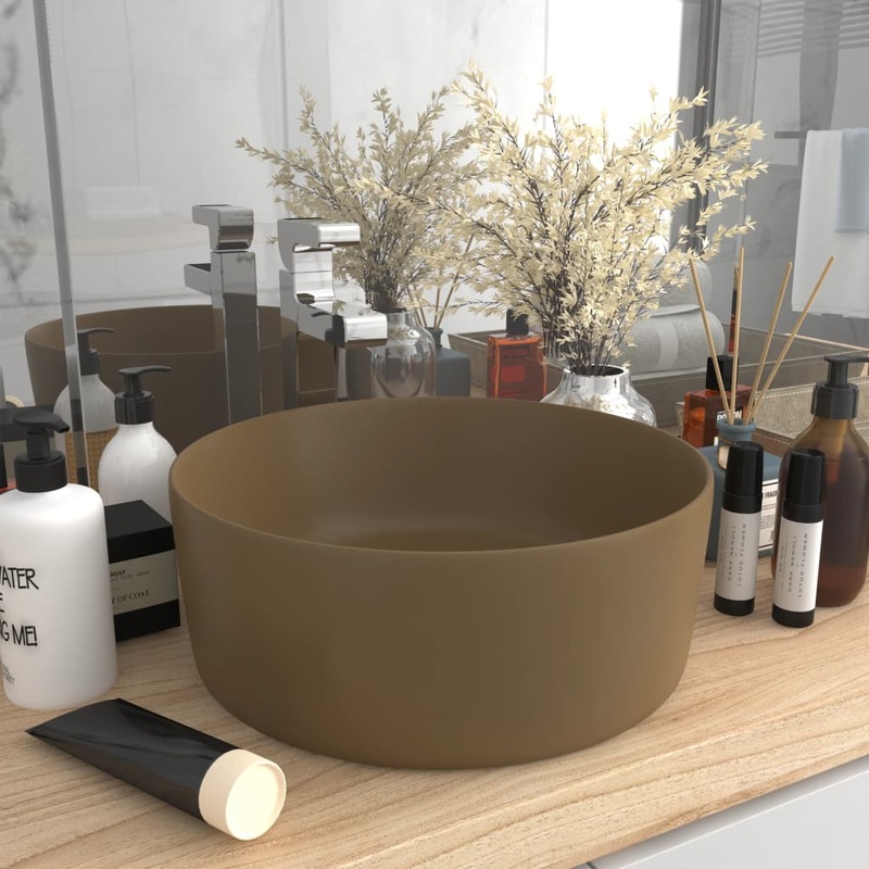 Berkfield Luxury Wash Basin Round Matt Cream 40×15 cm Ceramic