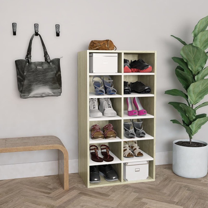 Berkfield Shoe Rack White and Sonoma Oak 54x34x100.5 cm Engineered Wood