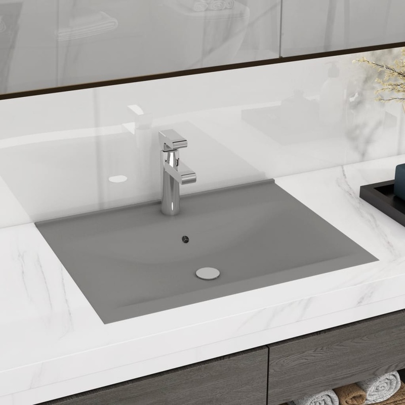 Berkfield Luxury Basin with Faucet Hole Matt Light Grey 60×46 cm Ceramic