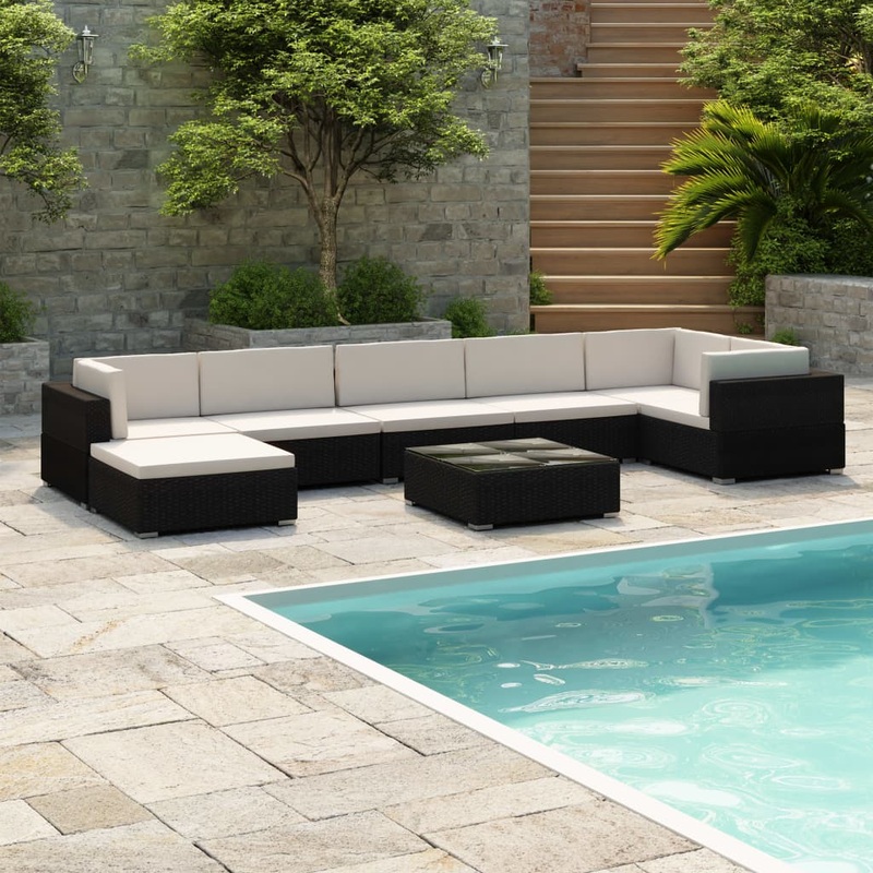 Berkfield 8 Piece Garden Lounge Set with Cushions Poly Rattan Black