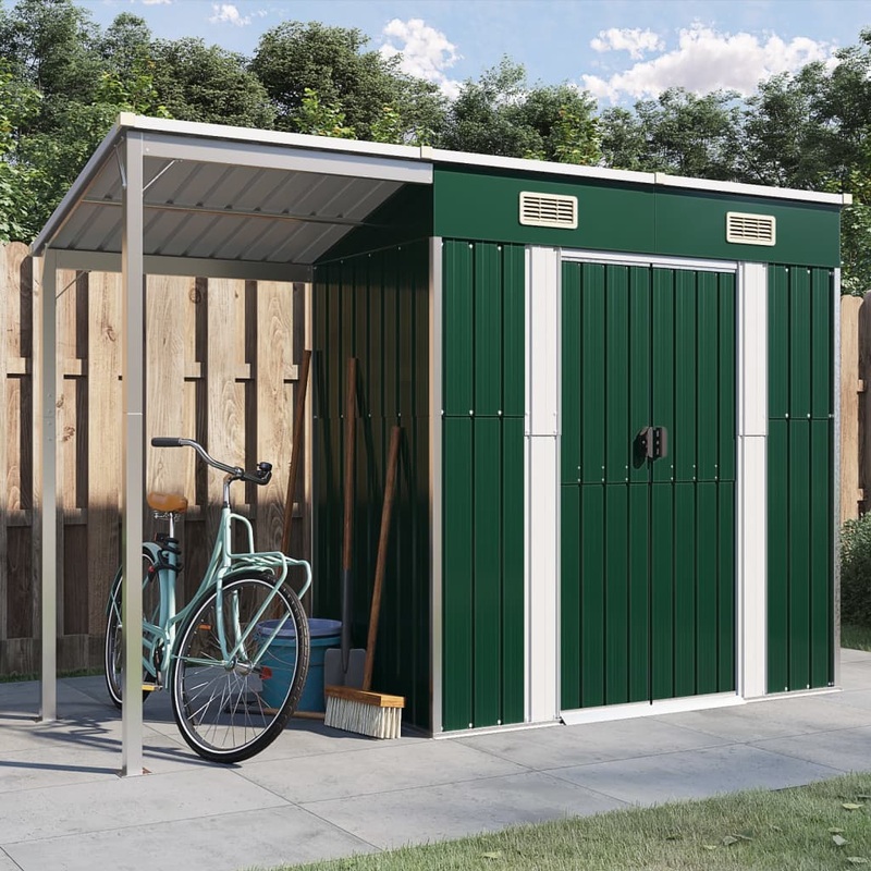 Berkfield Garden Shed with Extended Roof Green 277×110.5×181 cm Steel