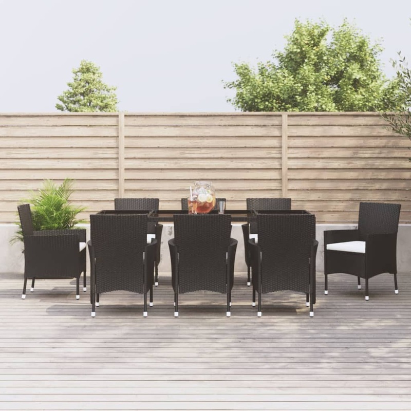 Berkfield 9 Piece Garden Dining Set with Cushions Black Poly Rattan