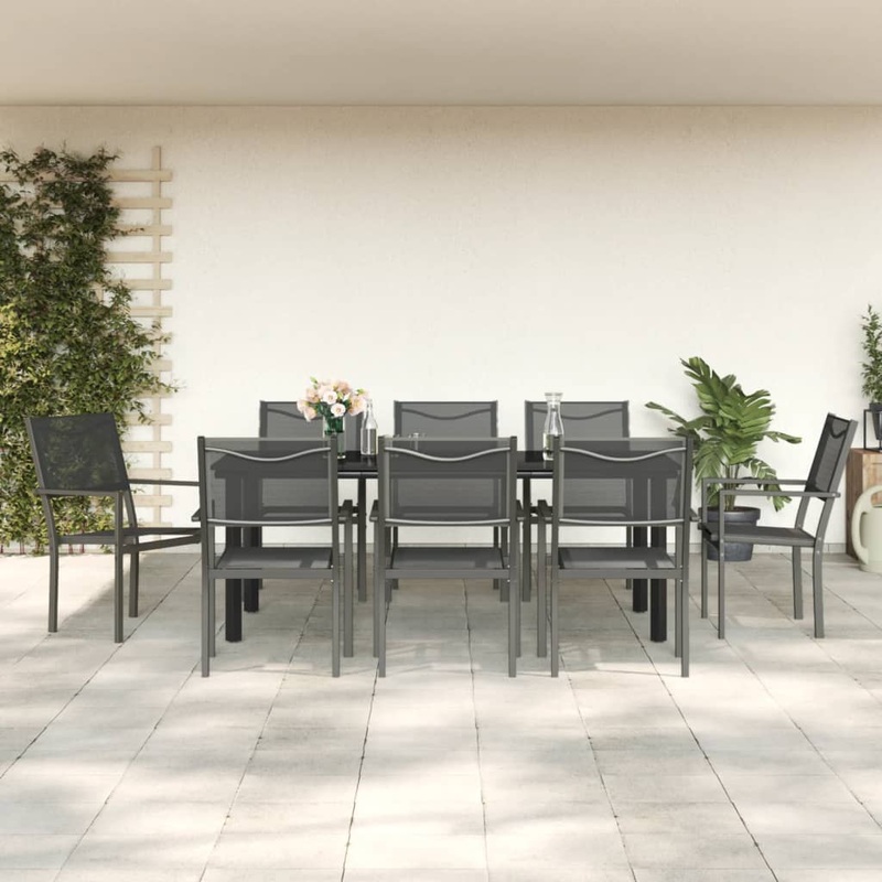 Berkfield 9 Piece Garden Dining Set Black Steel and Textilene