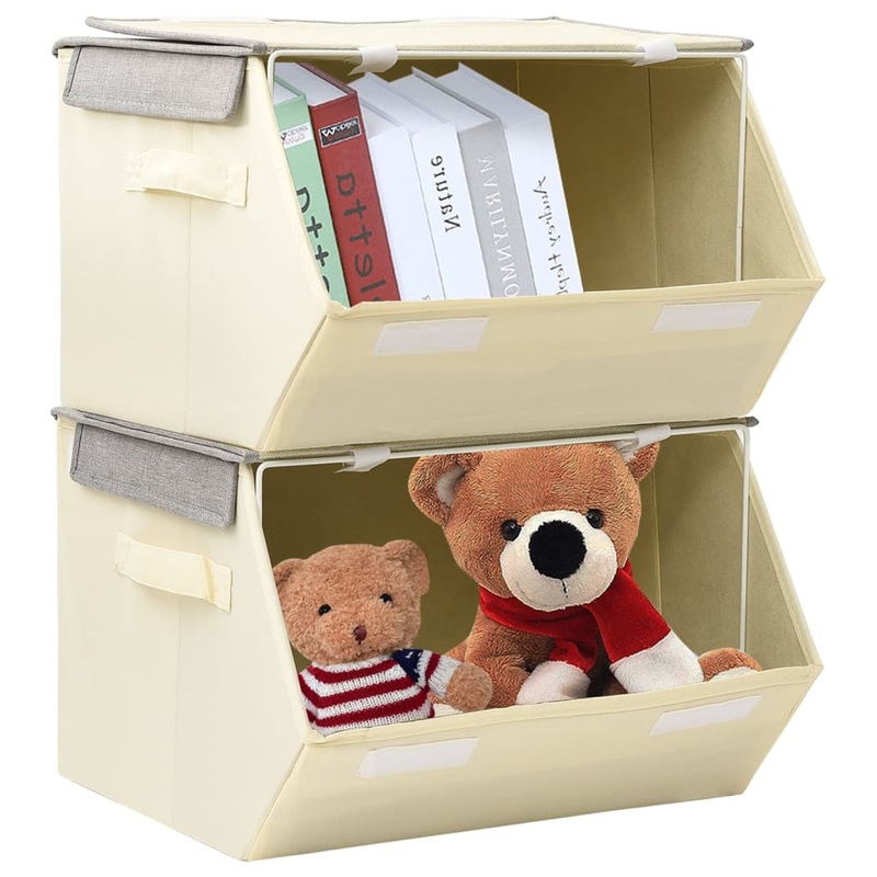 Berkfield Stackable Storage Boxes with Lid Set of 2 pcs Fabric Grey&Cream