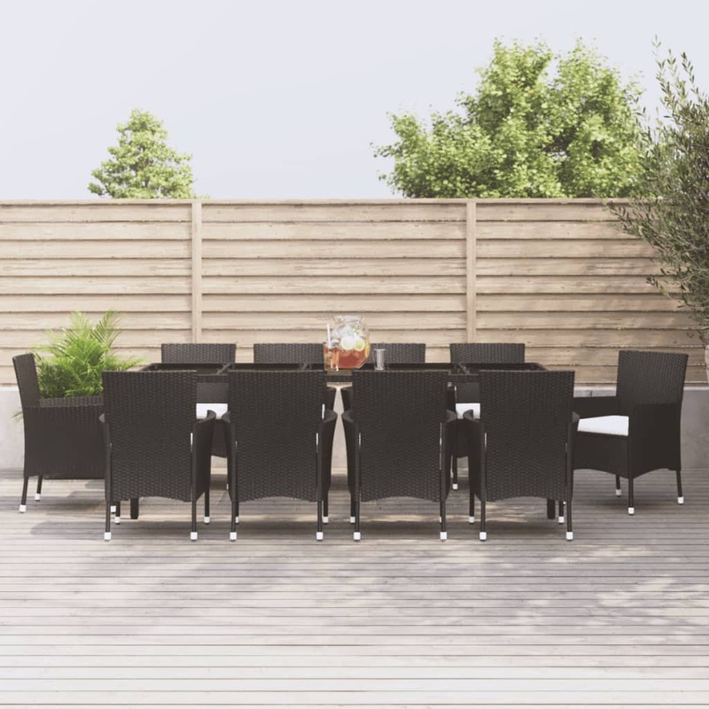 Berkfield 11 Piece Garden Dining Set with Cushions Black Poly Rattan