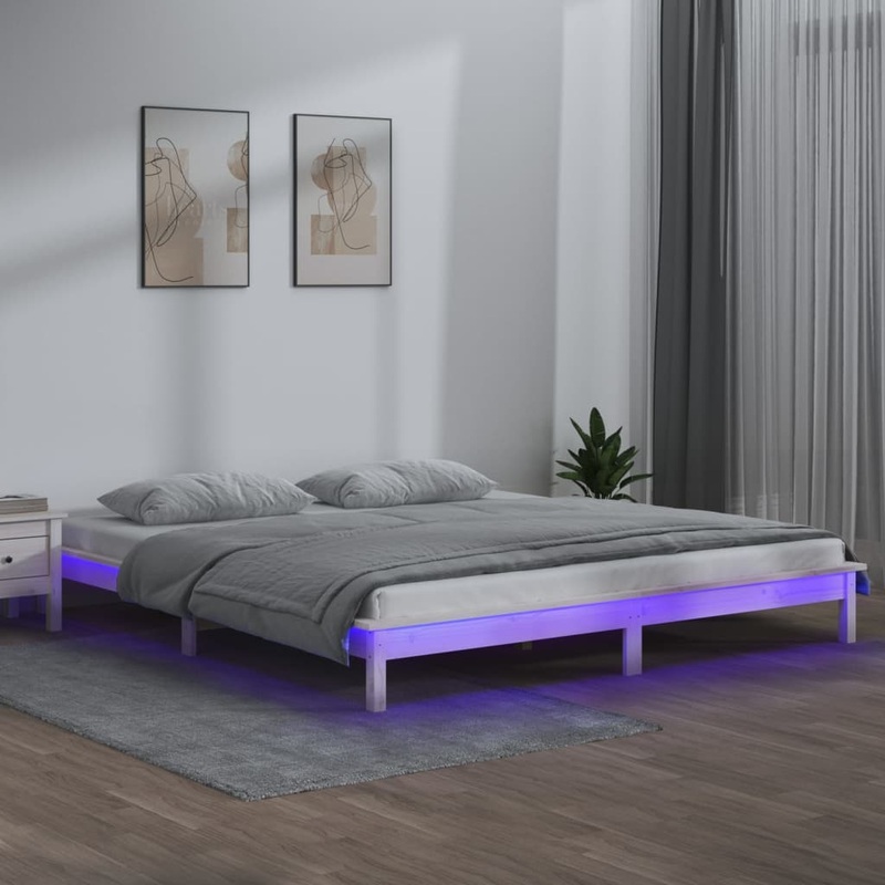 Berkfield LED Bed Frame White 135×190 cm Double Solid Wood