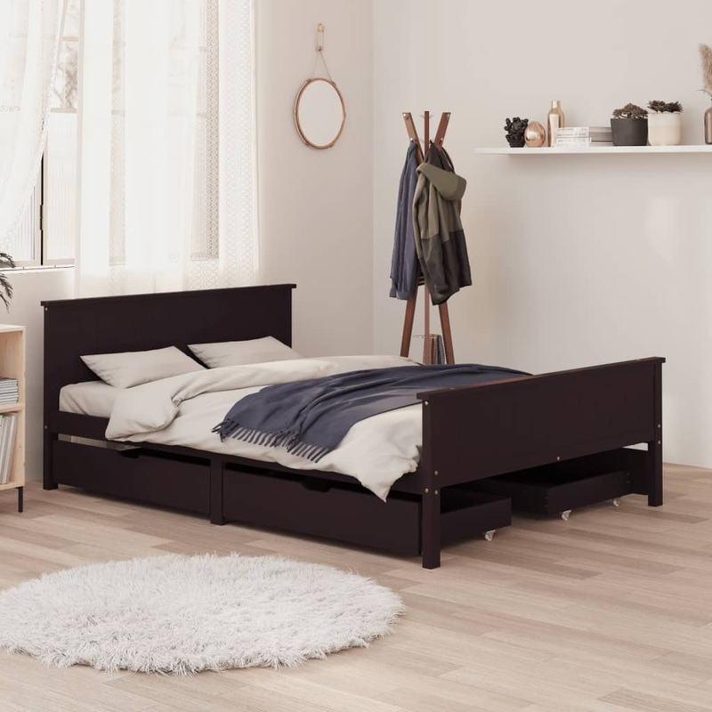 Berkfield Bed Frame with 4 Drawers Dark Brown 140×200 cm Solid Wood Pine