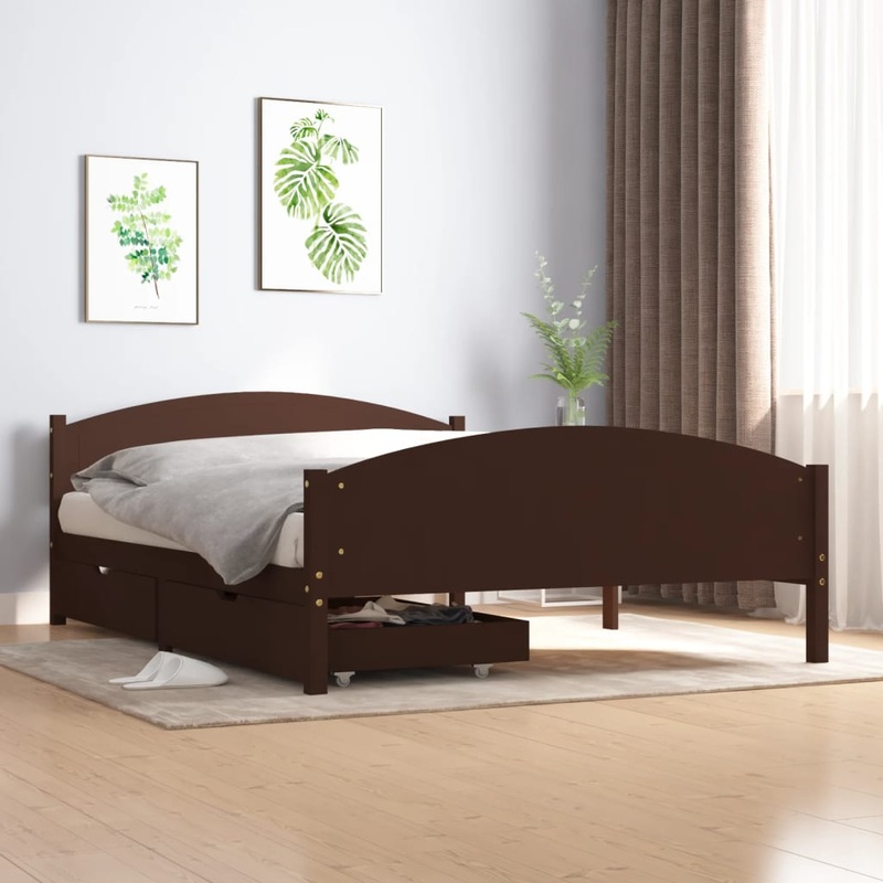 Berkfield Bed Frame with 2 Drawers Dark Brown 140×200 cm Solid Wood Pine