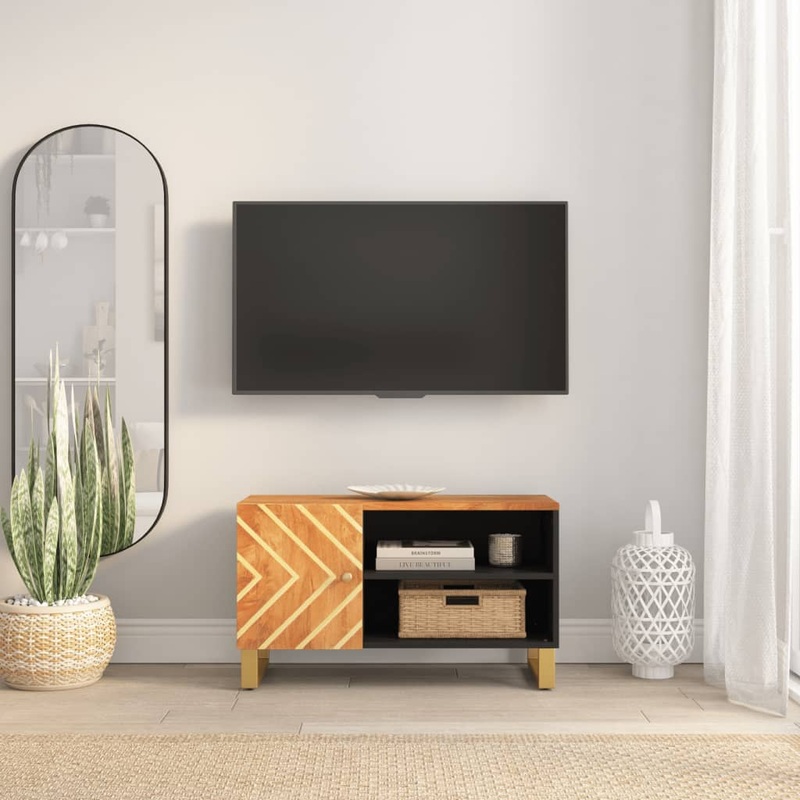 Berkfield TV Cabinet Brown and Black 80×31.5×46 cm Solid Wood Mango