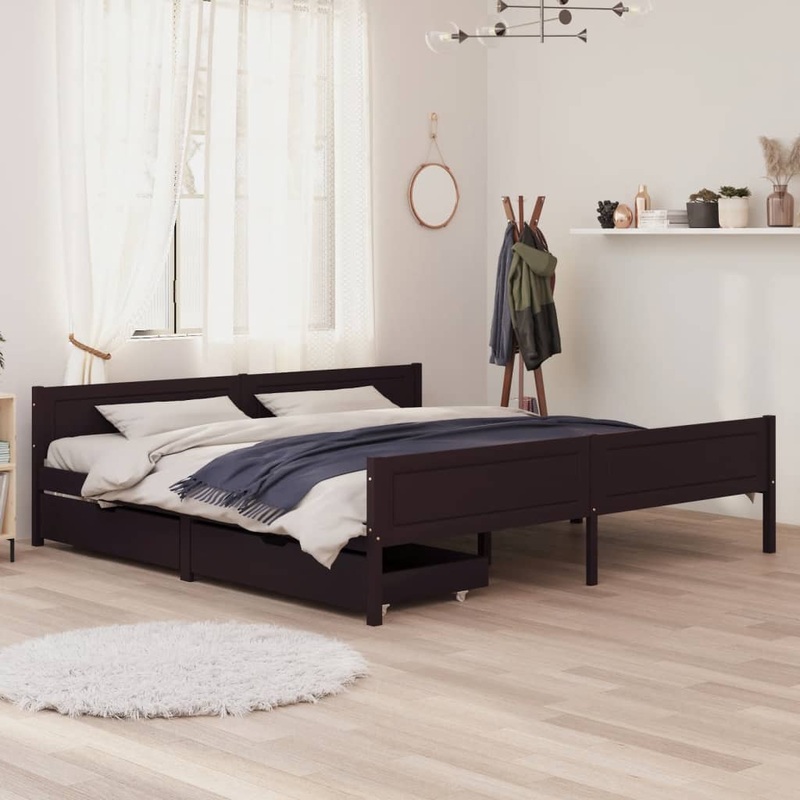 Berkfield Bed Frame with 2 Drawers Dark Brown 200×200 cm Solid Wood Pine