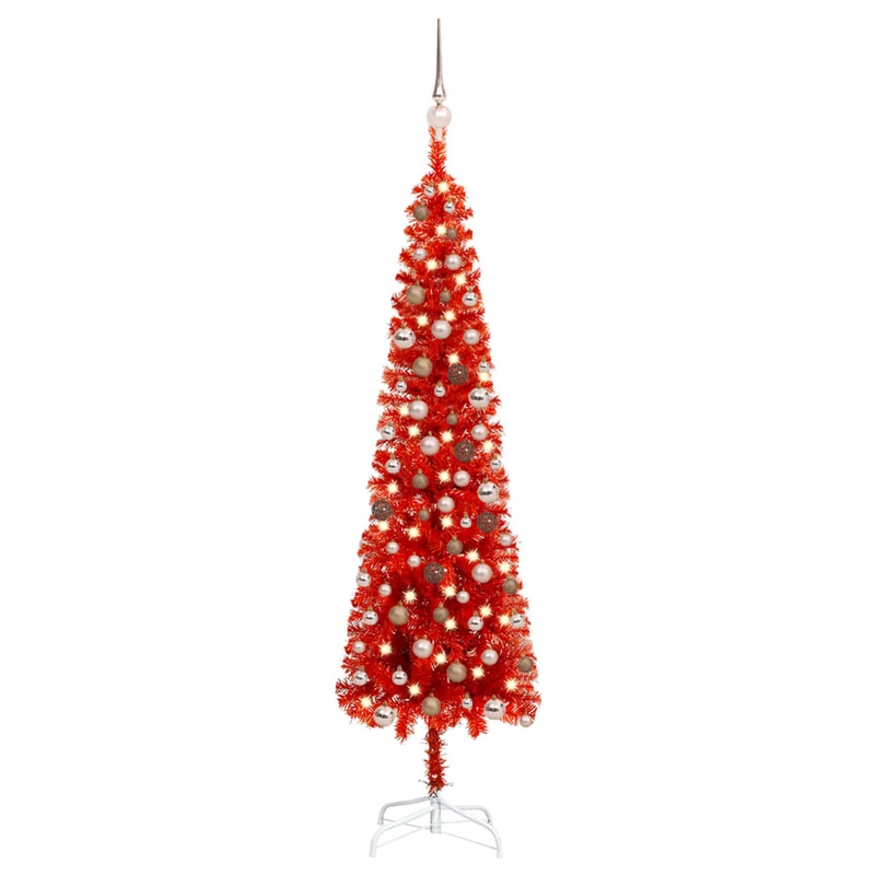 Berkfield Slim Christmas Tree with LEDs&Ball Set Red 180 cm