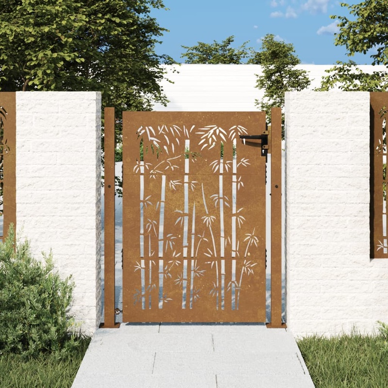 Berkfield Garden Gate 105×130 cm Corten Steel Bamboo Design
