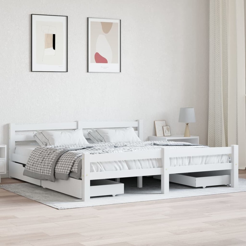 Berkfield Bed Frame with 4 Drawers White Solid Pinewood 180×200 cm 6FT Super King