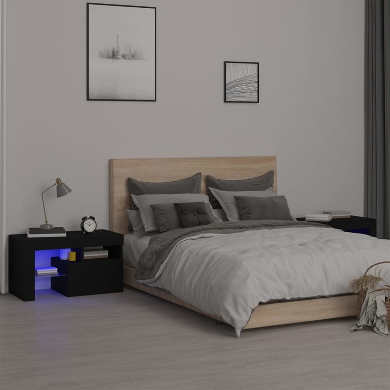 Berkfield Bedside Cabinets 2 pcs with LED Lights Black 70×36.5×40 cm